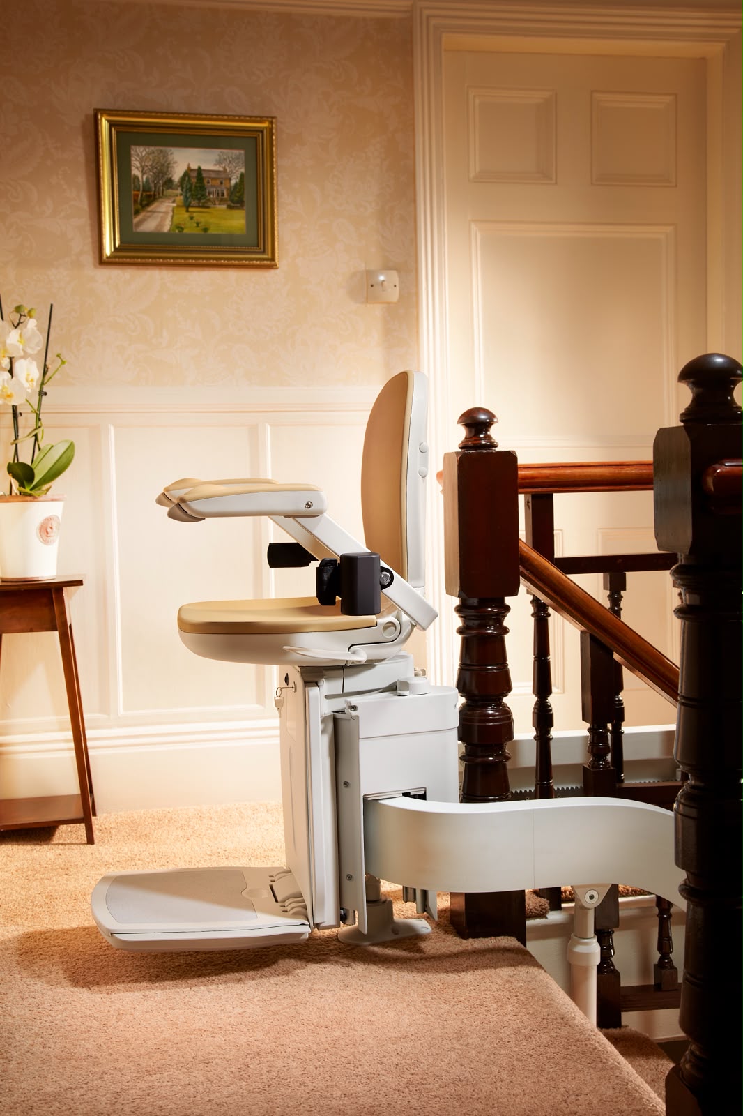 Close-up of a stairlift chair installed on a landing